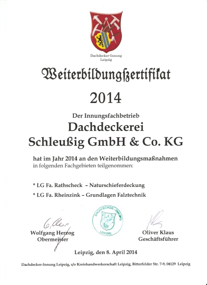 Zertifikat Dachdeckerei Schleußig